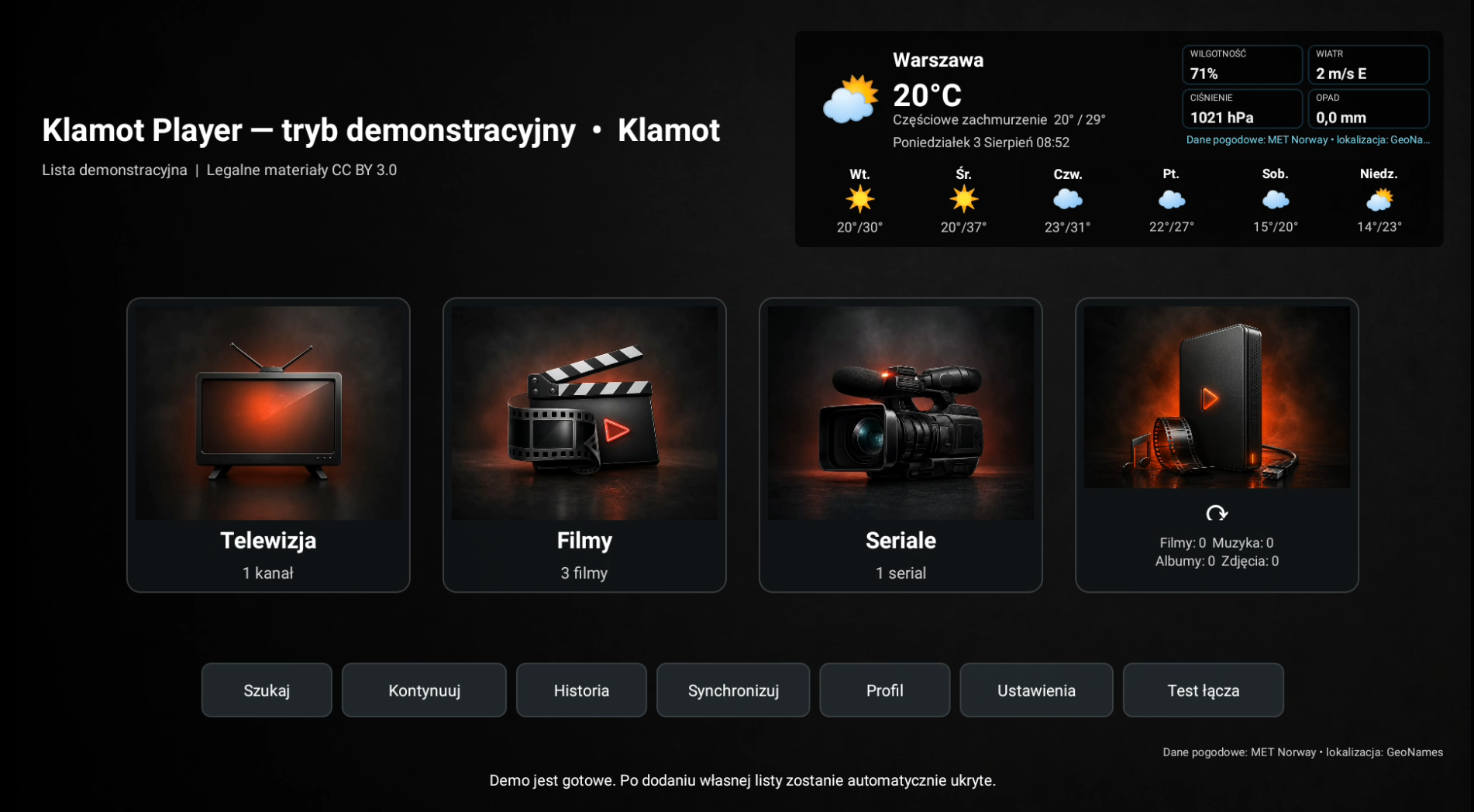 Rzeczywisty ekran główny Klamot Playera z kategoriami Telewizja, Filmy i Seriale