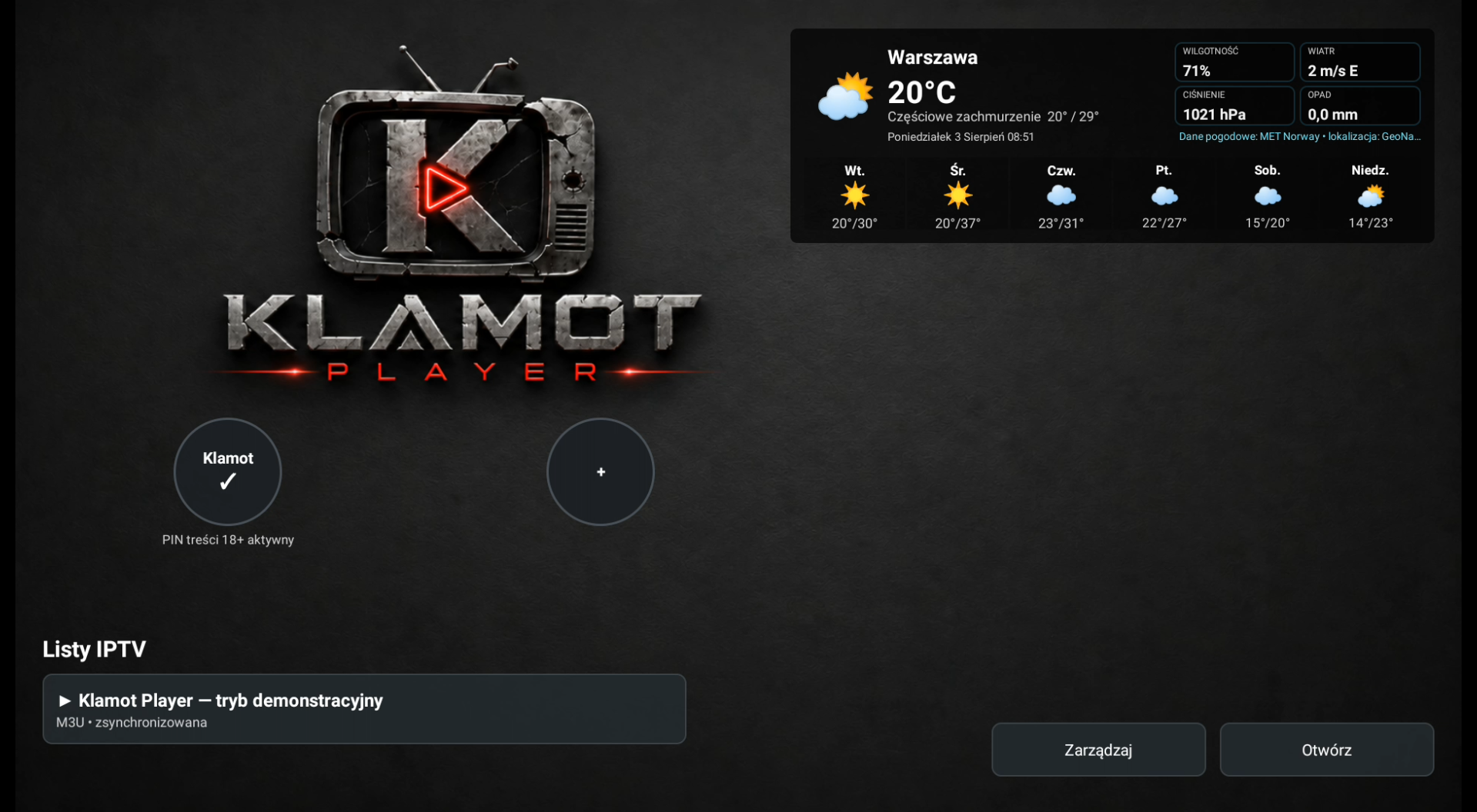 Rzeczywisty ekran profilu i wyboru listy IPTV w Klamot Playerze